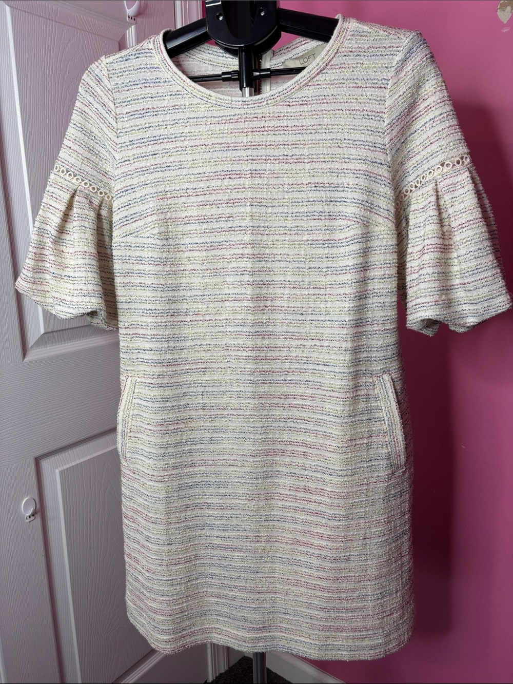 LOFT Cream Shift Dress with Delicate Multi-Color Stripes